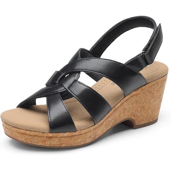 Dream Pairs Womens Black Faux Leather Espadrille Platform Wedges Size 8 - Picture 1 of 12